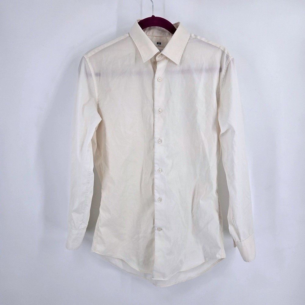 Uniqlo Slim Fit Shirt S Ivory Off White Stretch Oxford Button Down Mens EUC
